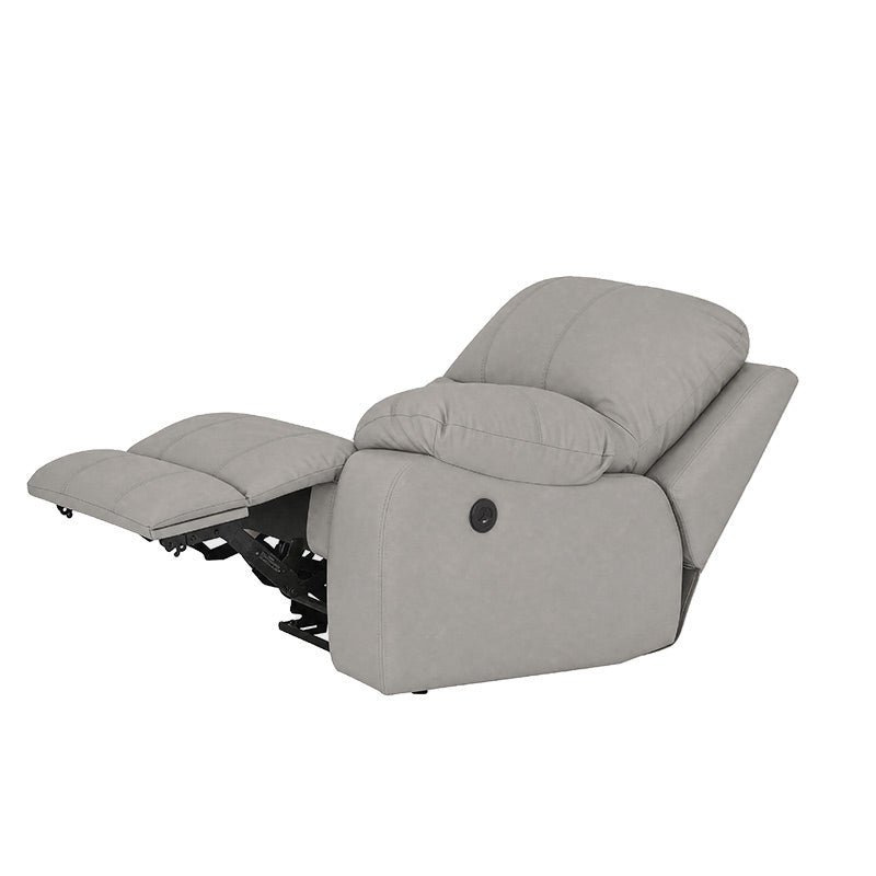 Módulo de sala Enzo III lateral derecho reclinable eléctrico en color gris, con descansabrazos y cojines cómodos.