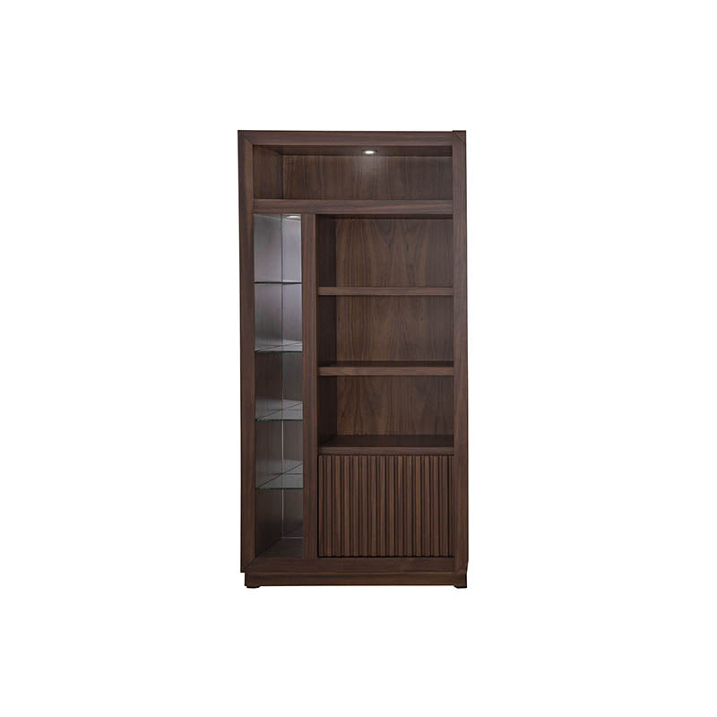 Torre izquierda Toledo de mueble para TV en acabado moderno, con compartimentos abiertos y cerrados, en color madera.