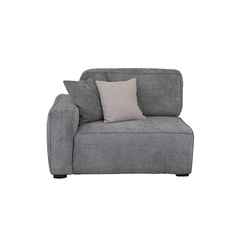 Sillón lateral izquierdo de módulo de sala Megan deurope.com.mx, asiento acolchado y tapizado en tela gris claro.