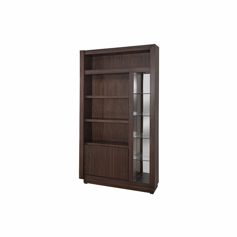 Mueble para televisor Torre Derecha Toledo en acabado madera, con espacio para dispositivos y almacenamiento en la sala.