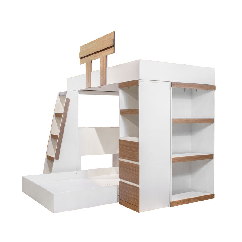 Litera Madox deurope.com.mx en color madera, estructura de cama doble con escalera y barandillas, ideal para dormitorios infantiles.