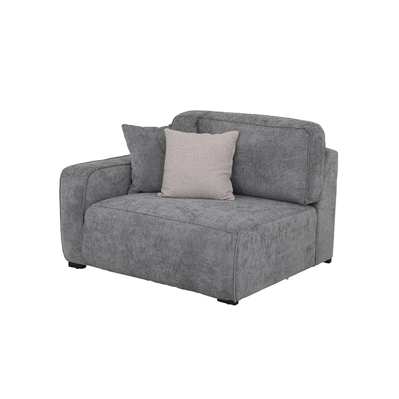 Sillón lateral izquierdo de módulo de sala Megan de Deurope, tapizado en tela gris con cojines acolchados.