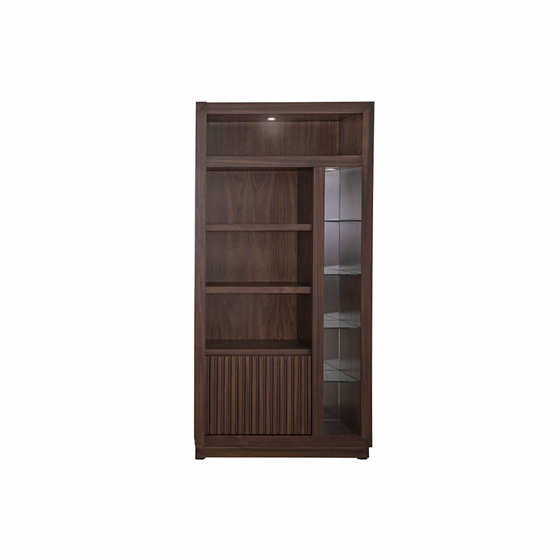 Torre derecha Toledo, mueble para TV de estilo moderno en color madera clara, con espacio para electrónicos y almacenamiento.