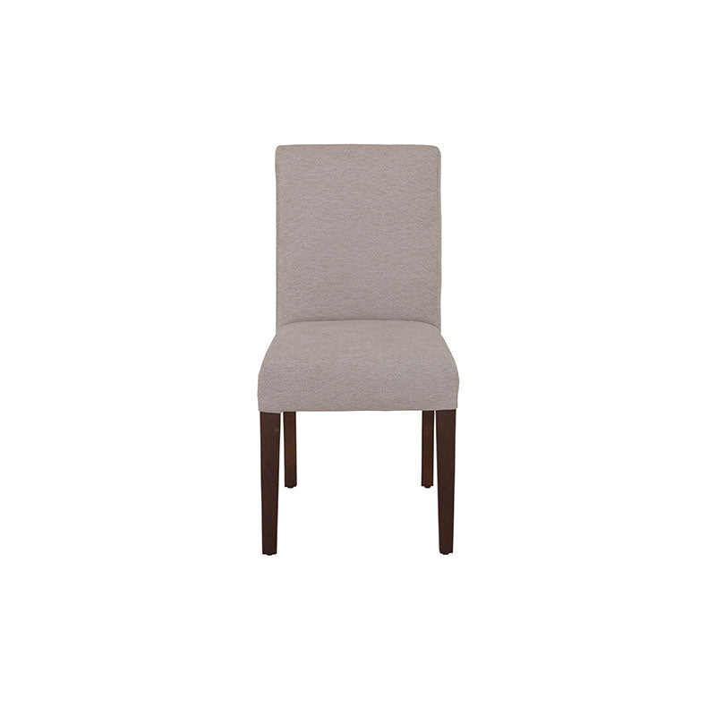 Silla de comedor Ikaro de deurope.com.mx con asiento y respaldo acolchados en color gris, estructura de madera moderna.