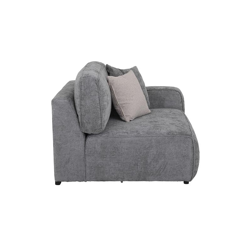 Sillón lateral derecho de módulo de sala Megan deurope.com.mx, tapizado en tela gris con cojines acolchados y estructura moderna
