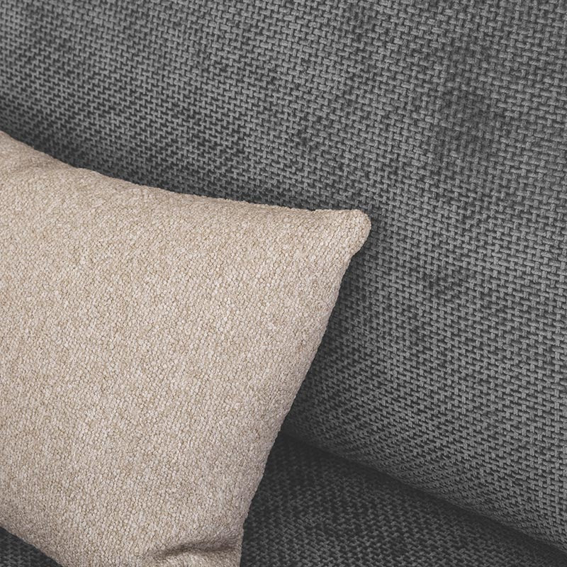 Módulo de sala Megan deurope.com.mx, sillón central en tela gris con cojines y estructura moderna.