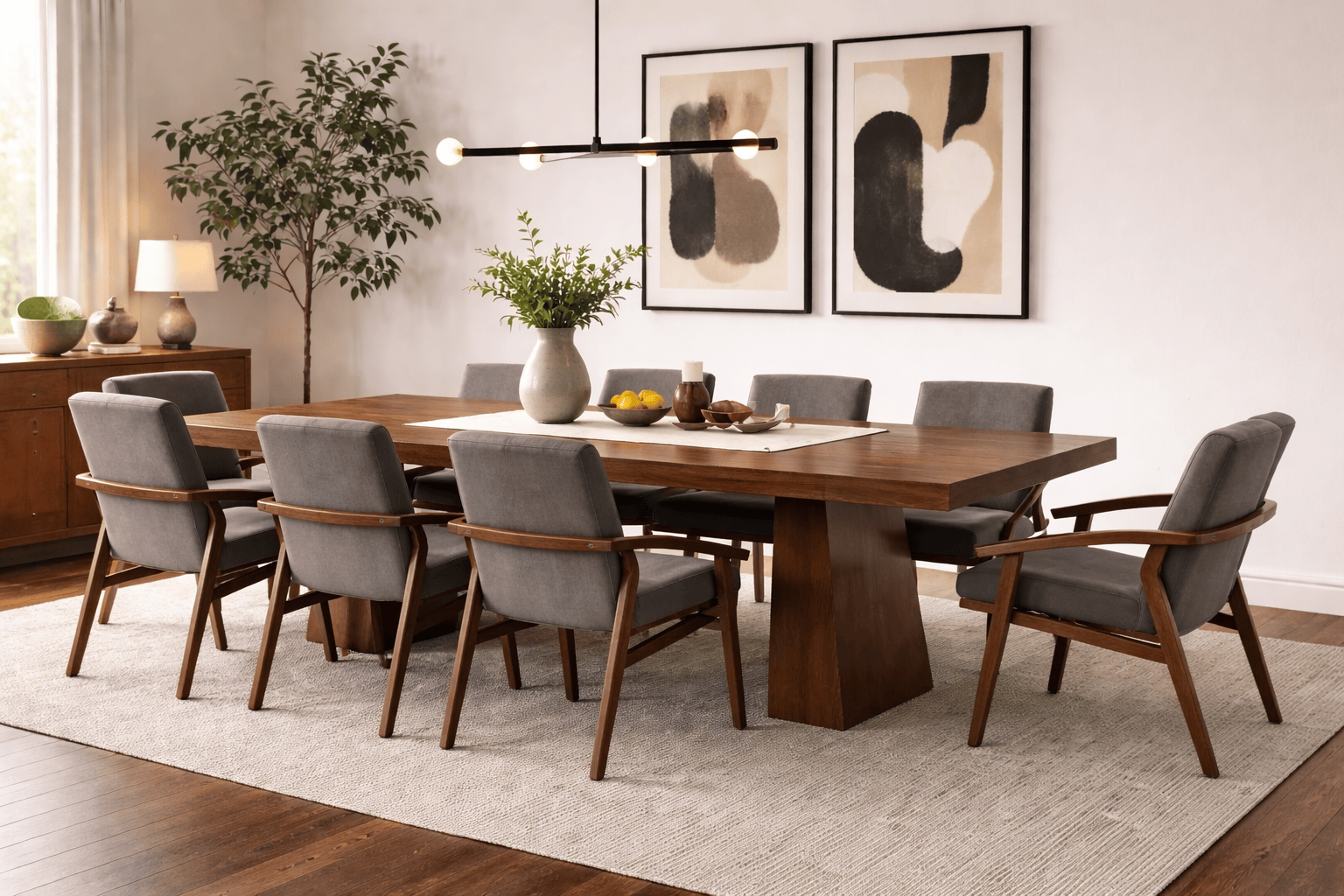 Sillas de comedor Quetzal deurope.com.mx en estilo industrial con estructura de madera oxford, tapizadas en tela color café.