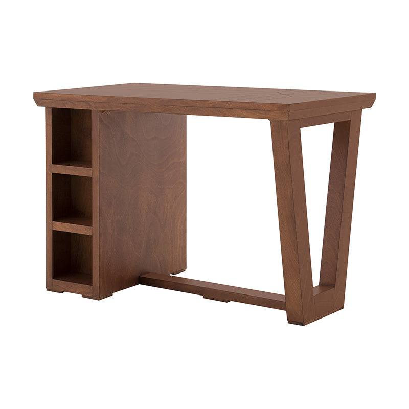Mesa de antecomedor Inglaterra de madera industrializada en tono tabaco, con chapa de parota, frente y vista lateral.