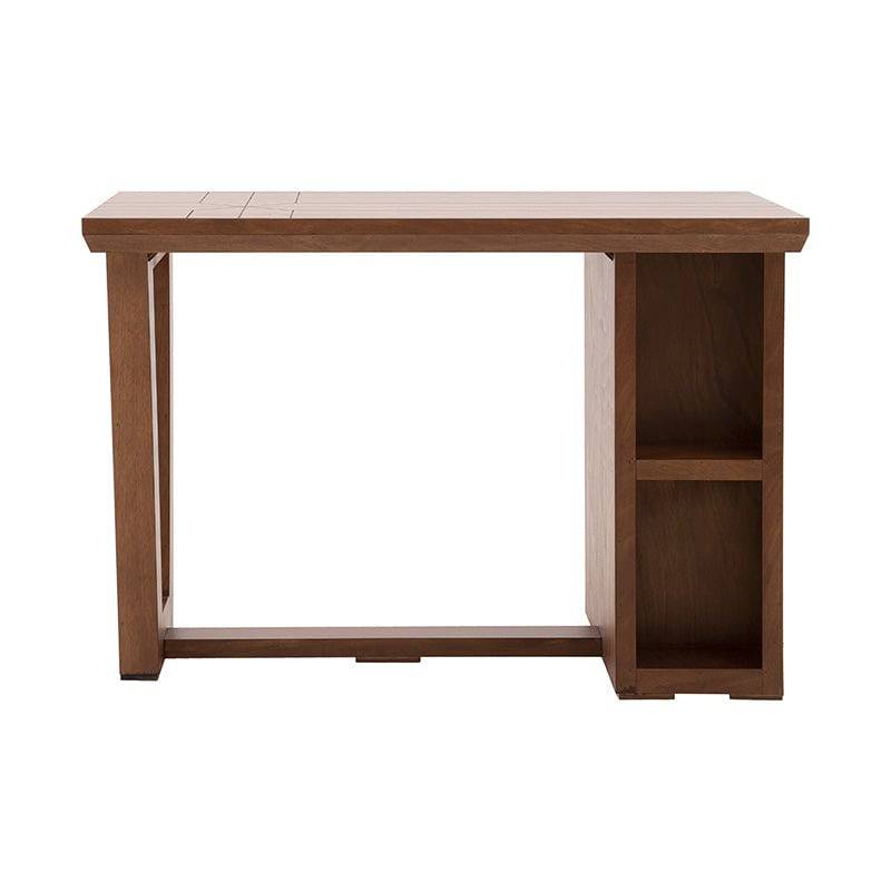 Mesa de antecomedor Inglaterra de madera industrializada y chapa de parota, con superficie de 140 cm de largo y 76 cm de fondo.
