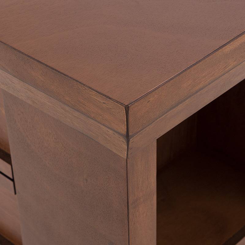 Mesa de antecomedor Inglaterra de madera industrializada en tono tabaco, con chapa de parota, frente de 140 cm, altura 98 cm.
