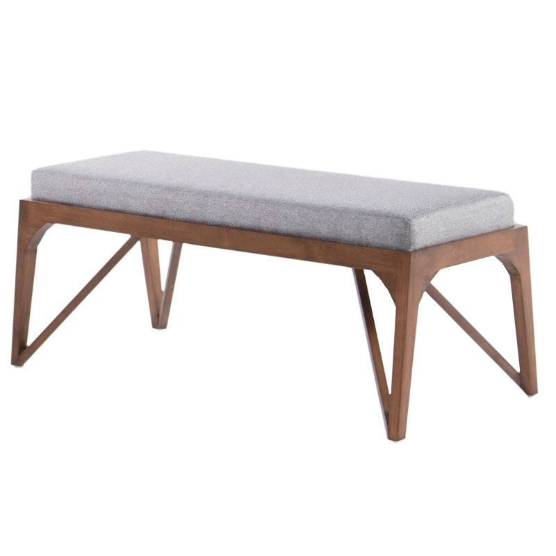 Juego de comedor Aragón de cinco piezas con bancas en color tabaco y gris, estructura de madera de poplar y tapiz de tela.