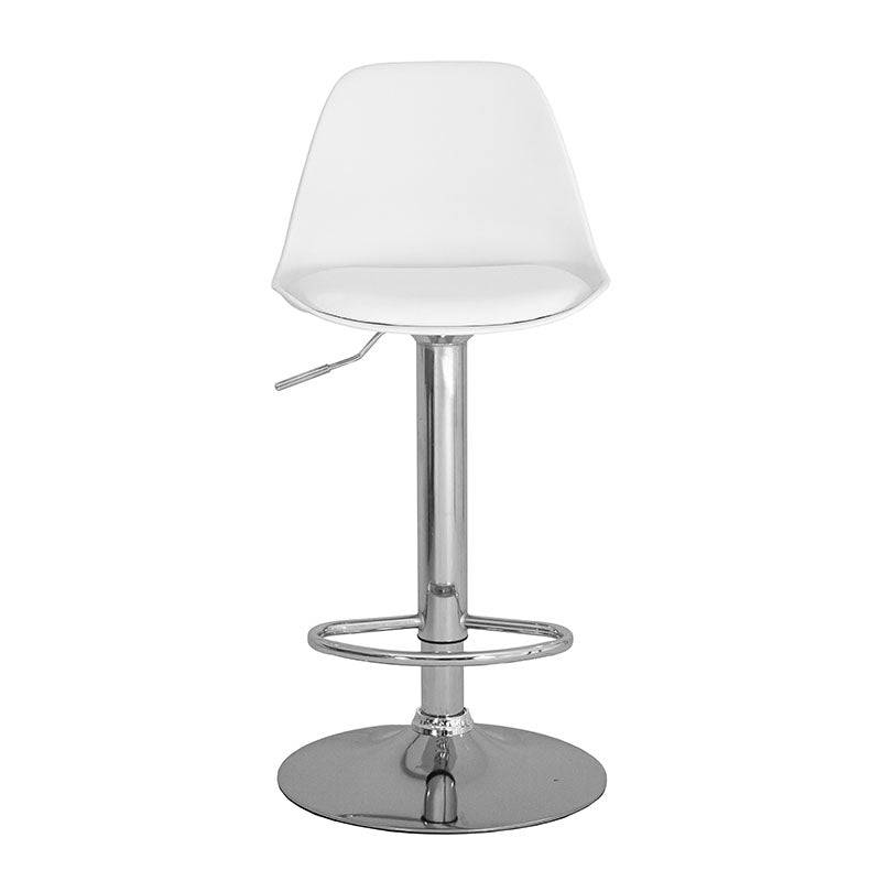 Banco para barra Orion de Deurope con base de cromo, asiento de madera termoformada y tapizado en Leather Touch, en color blanco