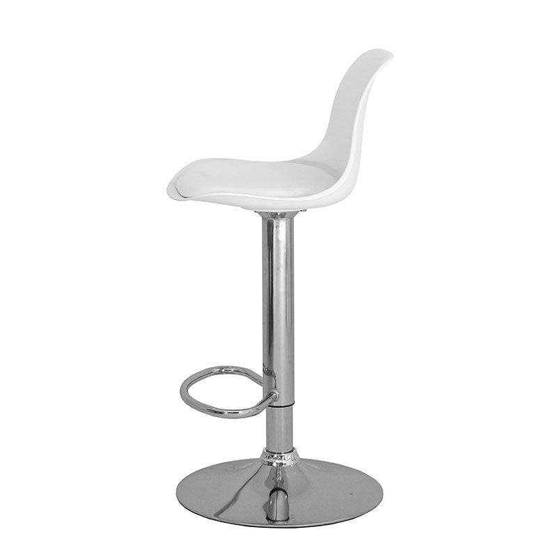 Banco para barra Orion de Deurope.com.mx con base de cromo, asiento de madera termoformada y tapizado Leather Touch, en color blanco.