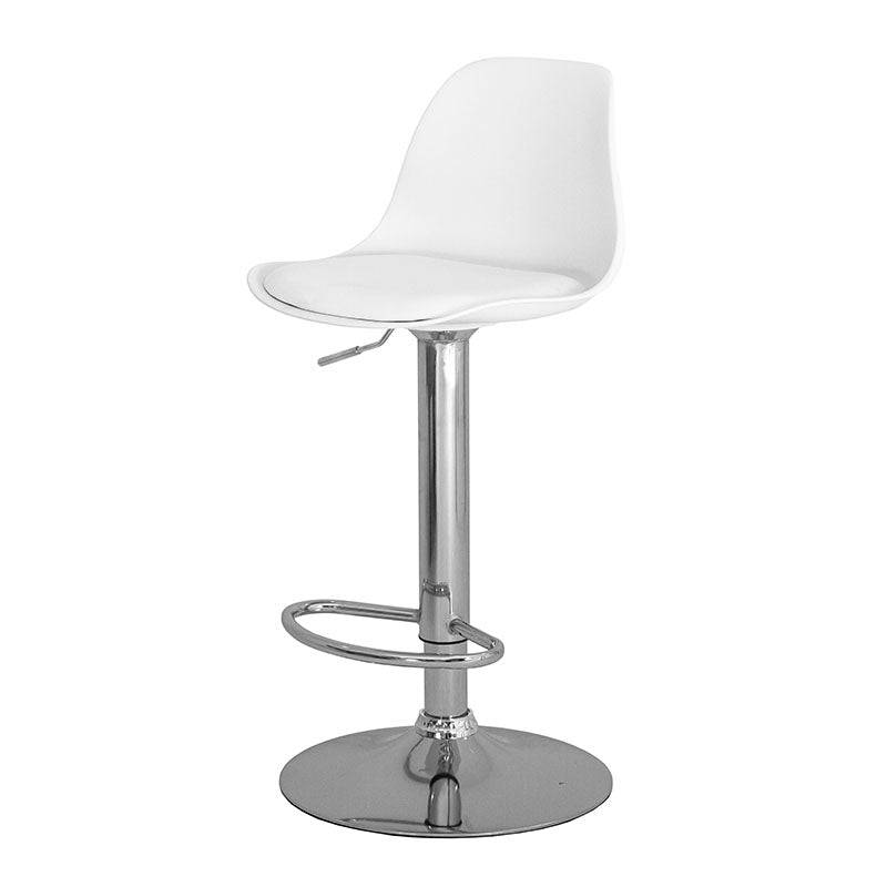 Banco para barra Orion de deurope.com.mx con base de cromo, asiento de madera termoformada y tapizado Leather Touch, blanco.