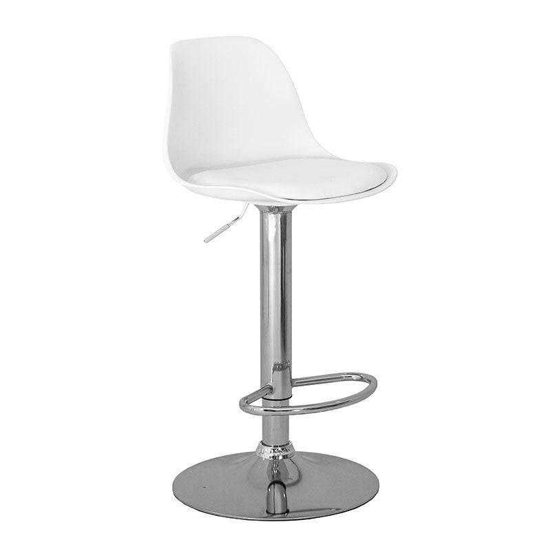 Banco Orion para barra de deurope.com.mx con base de cromo, asiento de madera termoformada y tapizado en Leather Touch, color blanco.