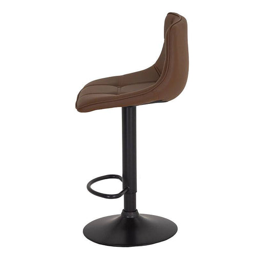 Banco para barra deDeurope.com.mx con base de cromo, asiento de madera termoformada y tapizado Leather Touch en color café.