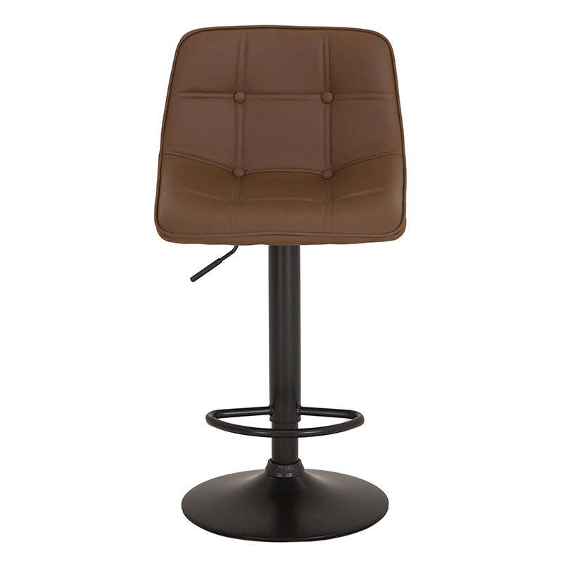 Banco para barra de acero con asiento de madera termoformada y tapizado Leather Touch en color café, de deurope.com.mx.