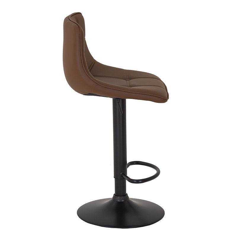 Banco para barra de Deurope.com.mx con base de cromo, asiento de madera termoformada y tapizado Leather Touch en color marrón.