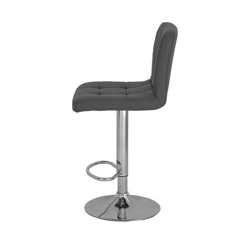 Banco para barra Adex de Deurope con base de cromo, asiento de madera termoformada y tapizado Leather Touch en gris.