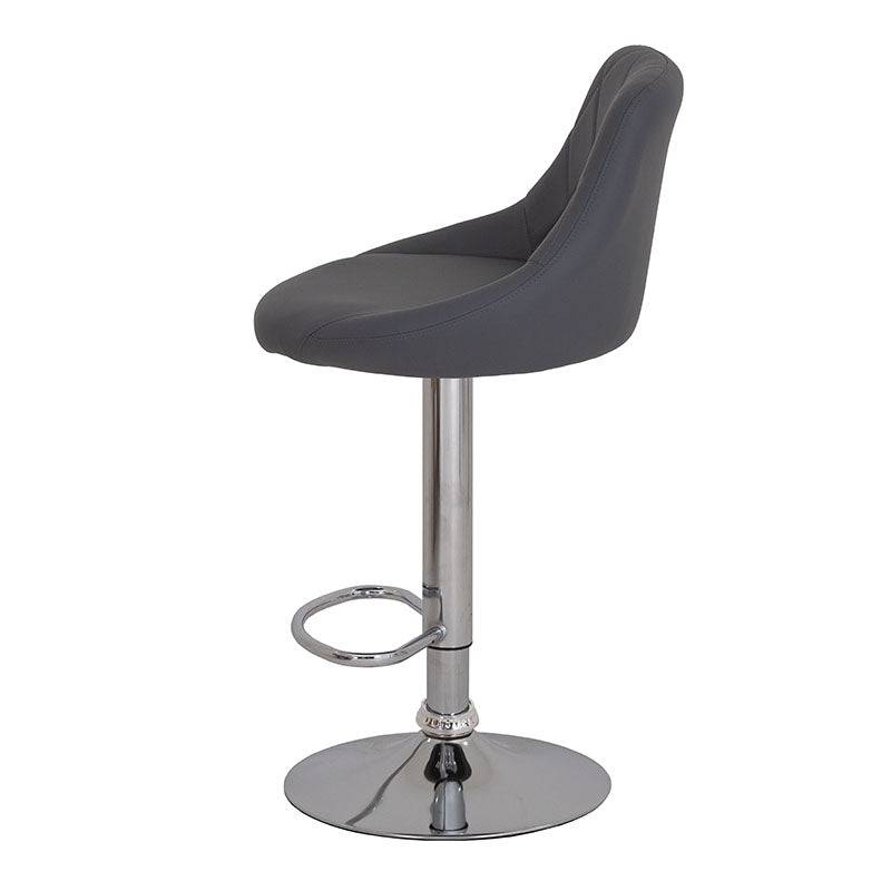 Banco para barra de Deurope.com.mx con base de cromo, asiento de madera termoformada y tapizado Leather Touch en negro.