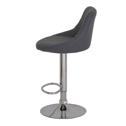 Banco para barra de Deurope.com.mx con base de cromo, asiento de madera termoformada y tapizado Leather Touch en negro.
