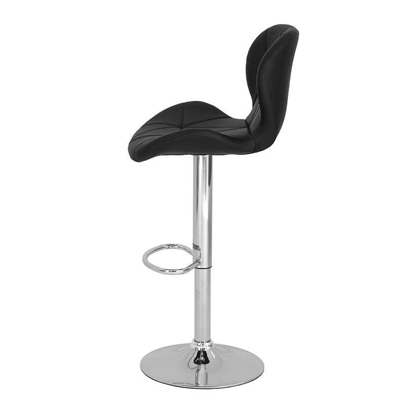 Banco para barra Nexo de Deurope con estructura de cromo, asiento de madera termoformada y tapizado Leather Touch, color negro.