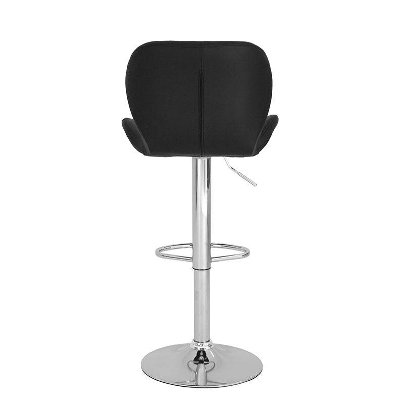 Banco para barra Nexo de Deurope, con estructura de cromo, asiento de madera termoformada y tapizado Leather Touch en negro.
