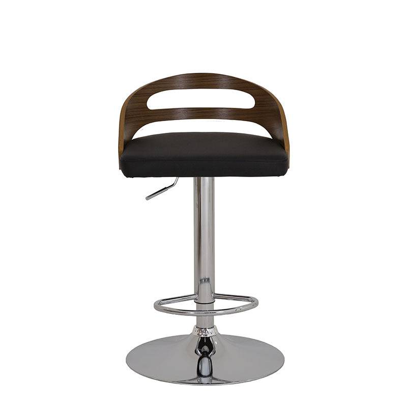 Banco para barra Quasar de deurope.com.mx con estructura de cromo, asiento de madera termoformada y tapizado Leather Touch en negro.