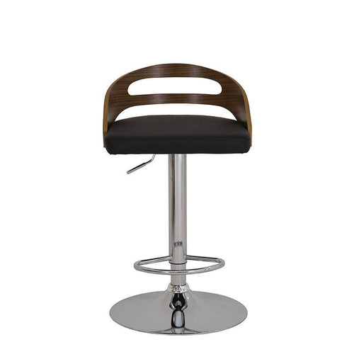 Banco para barra Quasar de deurope.com.mx con estructura de cromo, asiento de madera termoformada y tapizado Leather Touch en negro.