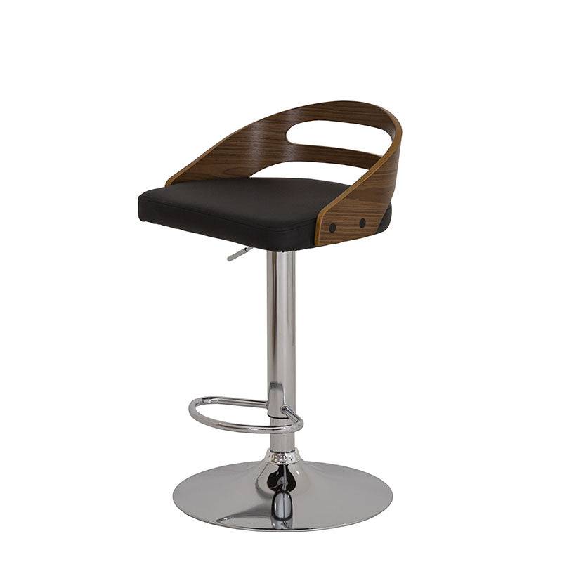 Banco para barra Quasar de deurope.com.mx con base de cromo, asiento de madera termoformada y tapizado Leather Touch, color negro.