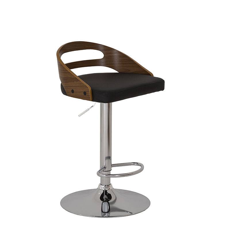 Banco para barra Quasar deurope.com.mx, base de cromo, asiento de madera termoformada y tapizado Leather Touch en negro.