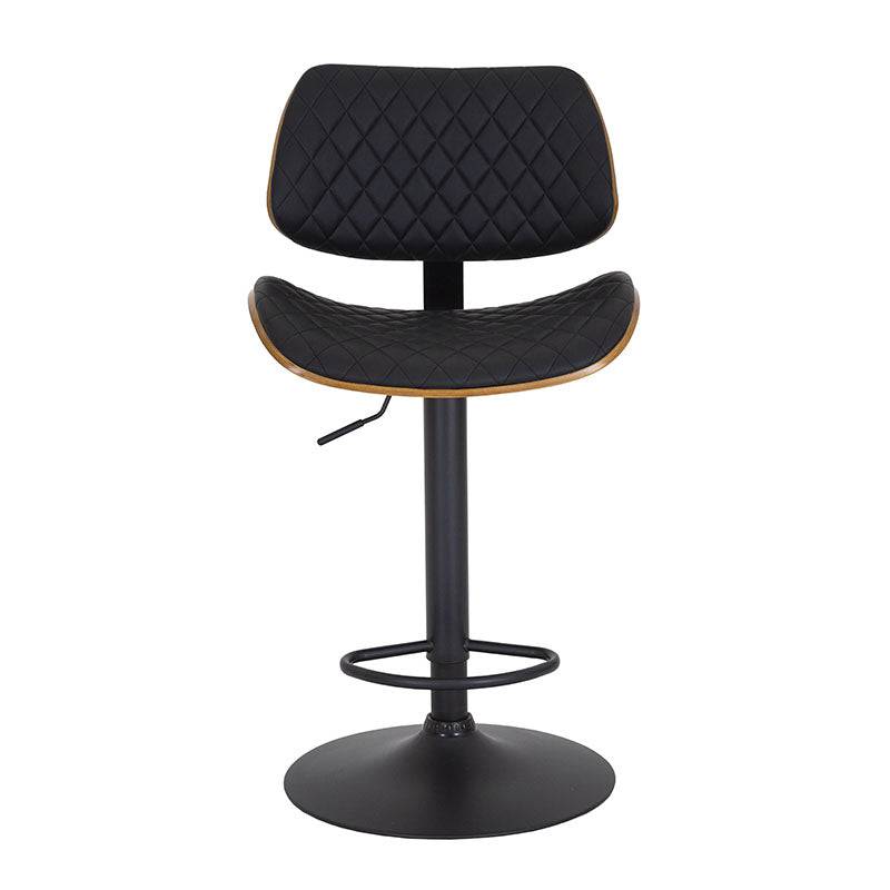 Banco para barra de cuero touch y asiento de madera termoformada en color negro, con base de cromo y diseño moderno.