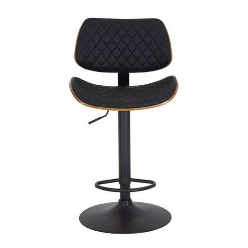 Banco para barra de cuero touch y asiento de madera termoformada en color negro, con base de cromo y diseño moderno.