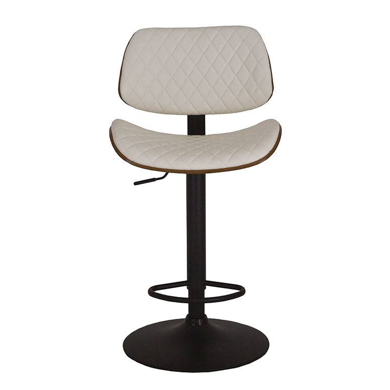 Banco para barra Tempo de deurope.com.mx, con base de cromo, asiento de madera termoformada y tapizado Leather Touch en negro.
