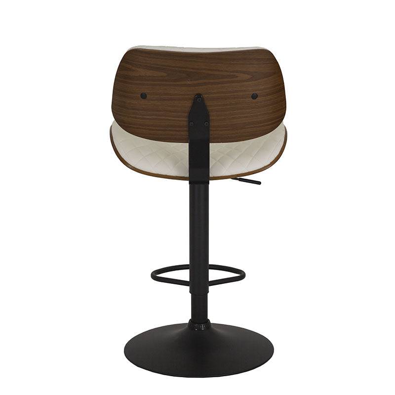 Banco para barra Tempo de Deurope.com.mx con base de cromo, asiento de madera termoformada y tapizado Leather Touch en color negro.