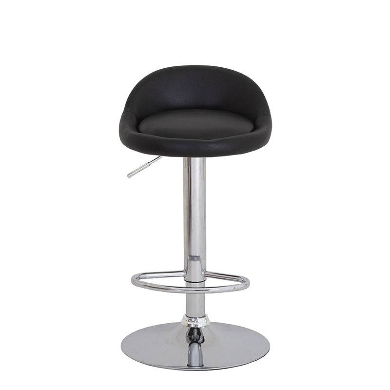 Banco Vortice de acero con asiento de madera termoformada y tapizado en Leather Touch, en color negro, para barra.