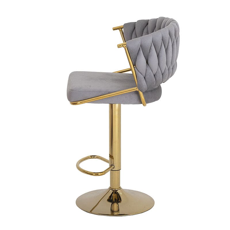 Banco para barra Imperial de Deurope con base de cromo, asiento de madera termoformada y tapizado de terciopelo gris.