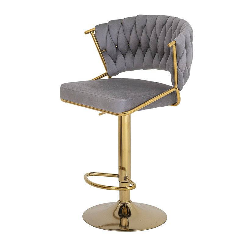 Banco Imperial para barra de deurope.com.mx con base de cromo, asiento de madera termoformada y tapizado de terciopelo gris.