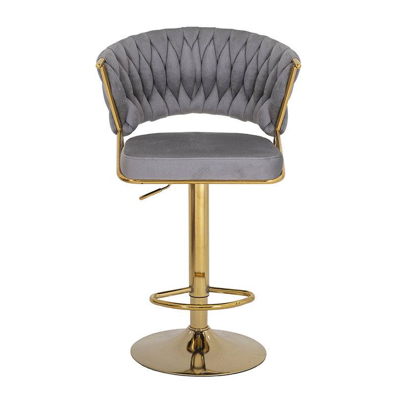 Banco para barra Imperial de Deurope.com.mx con base de cromo, asiento de madera termoformada y tapizado de terciopelo gris.