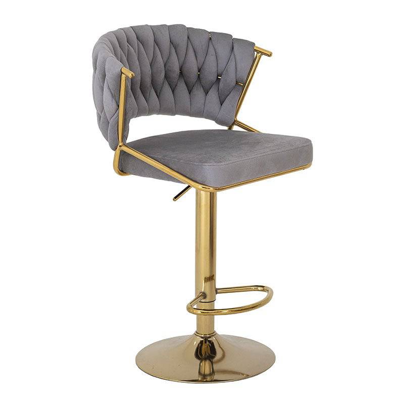Banco para barra Imperial de Deurope.com.mx con base de cromo, asiento de madera termoformada y tapizado de terciopelo gris.
