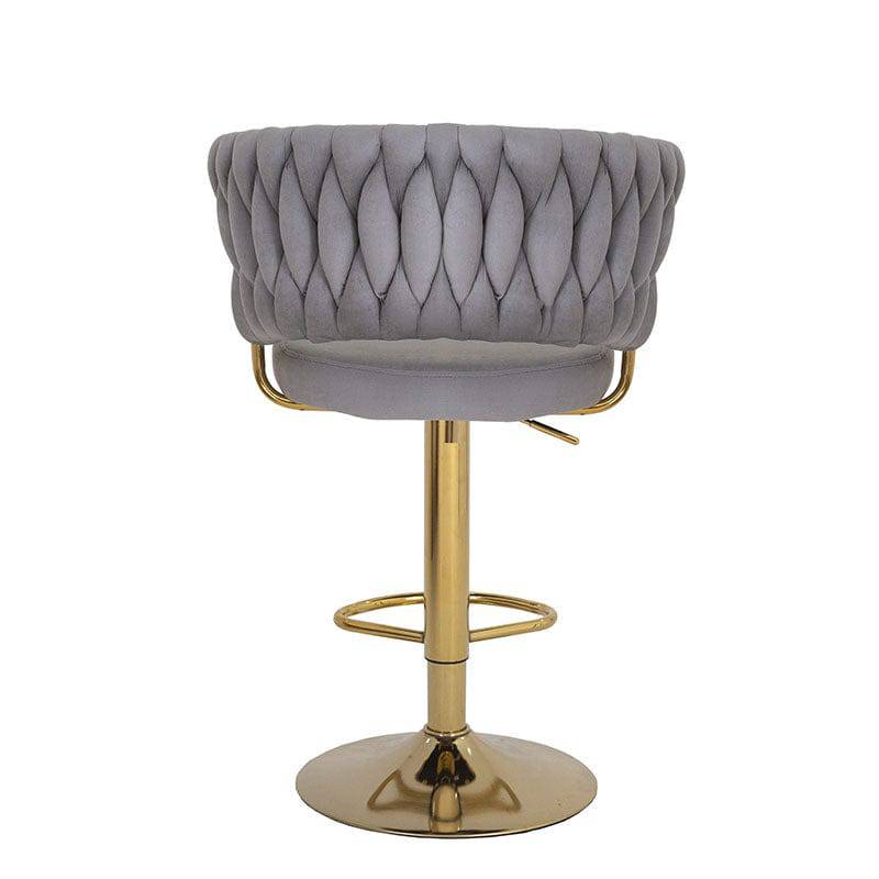 Banco para barra Imperial de Deurope.com.mx con base de cromo, asiento de madera termoformada y tapizado de terciopelo gris.
