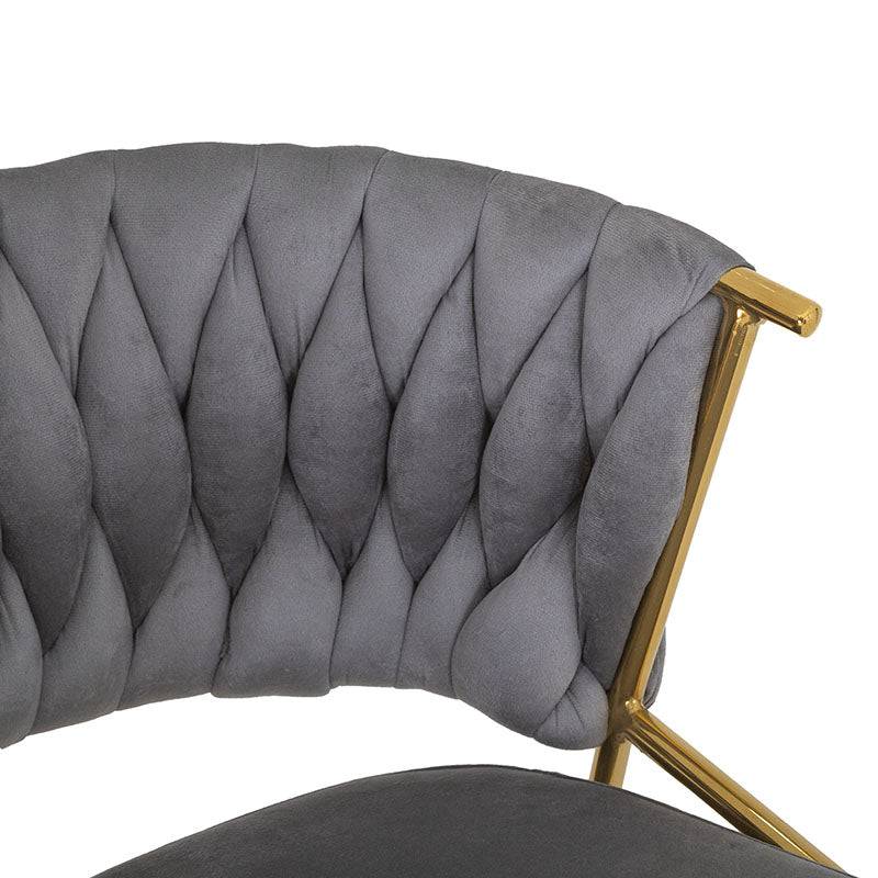 Banco para barra Imperial de Deurope con base de cromo, asiento de madera termoformada y tapizado de terciopelo gris, 50 cm de alto.