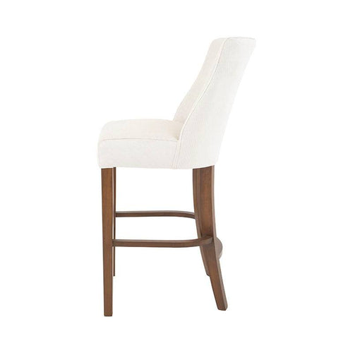 Juego de comedor Berne-made con bancos de nogal y tapizado en tela beige, de 46 cm de alto y 112 cm de largo.