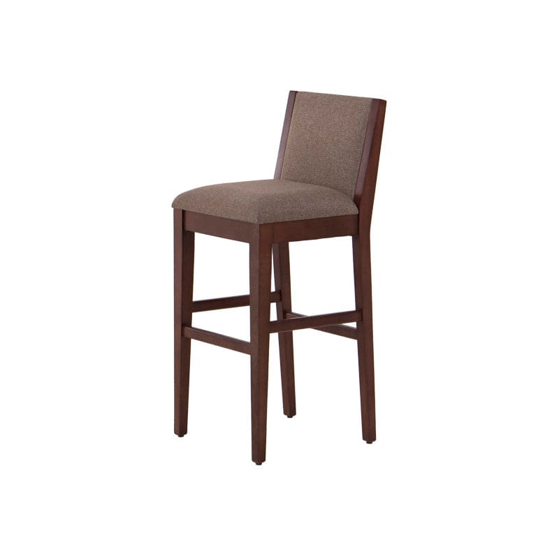 Juego de comedor Quetzal de 4 piezas con bancos de madera y tapiz de tela en color nogal, en un entorno moderno.
