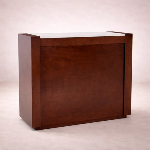 Juego de comedor Deus de 5 piezas con estructura de madera en tonos café y tabaco, con superficie de mármol y barra de 120 cm de ancho.