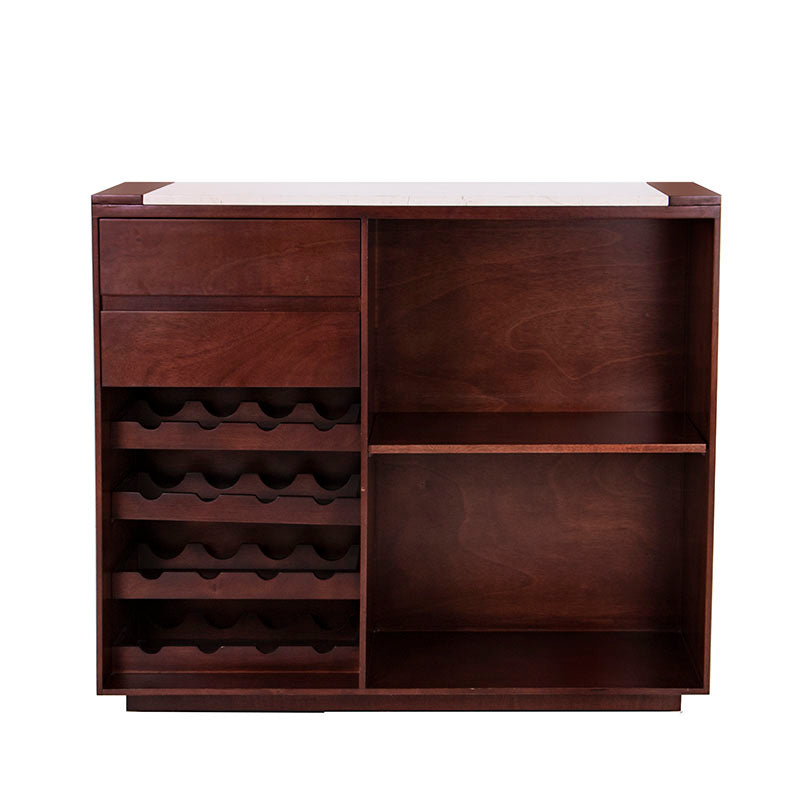 Juego de comedor Deus de 5 piezas con estructura de madera en tonos café y tabaco, con superficie de mármol y barra de 120 cm de ancho.
