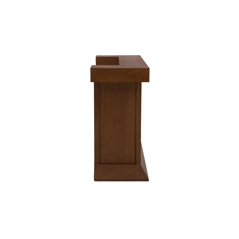 Juego de comedor Quetzal de 3 piezas de madera con superficie en chapa de okumé, en tonos tabaco, frente y laterales visibles.