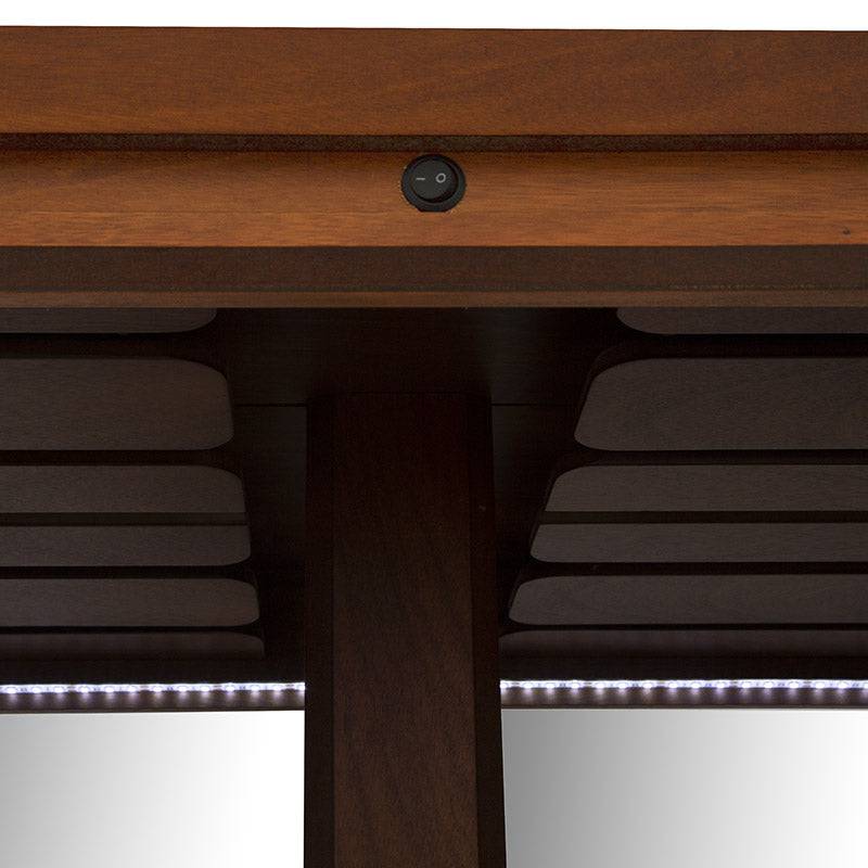 Juego de comedor Quetzal de 3 piezas con barras de chapa de okumé en color tabaco, con mesa y contrabarra de madera.