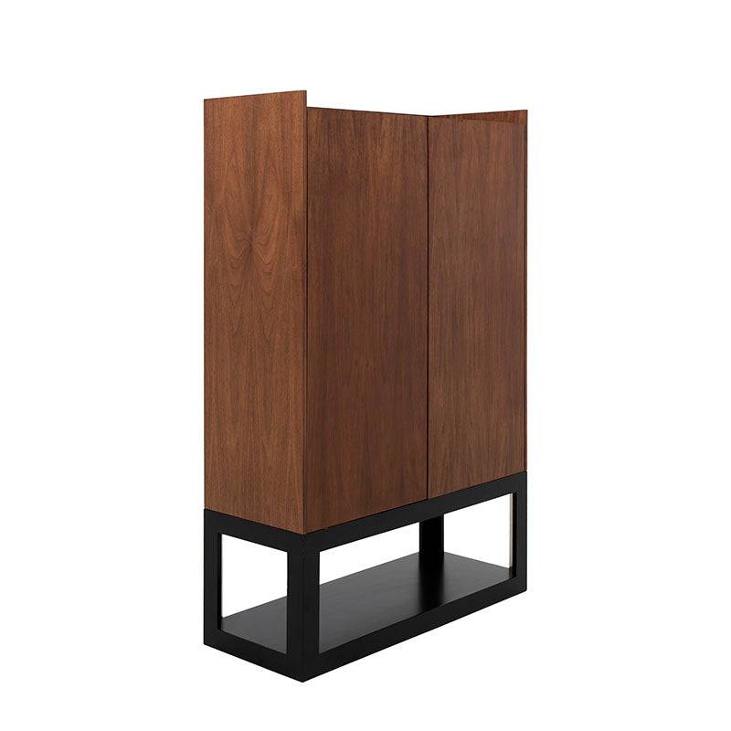 Juego de comedor Berne-made de 4 piezas con acabado en nogal y moka, incluye mueble para bar, frente y vista lateral.