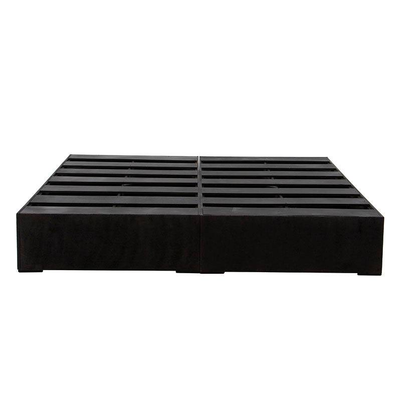 Base de cama Lazy de madera de pino y tapiz de tela en color negro, con dimensiones de 190 cm de largo y 30 cm de alto.